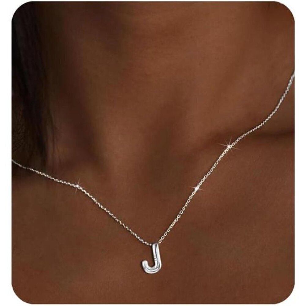 Silver Initial Pendant Necklace – Personalized Letter “J” Trendy Stuffed Bubble